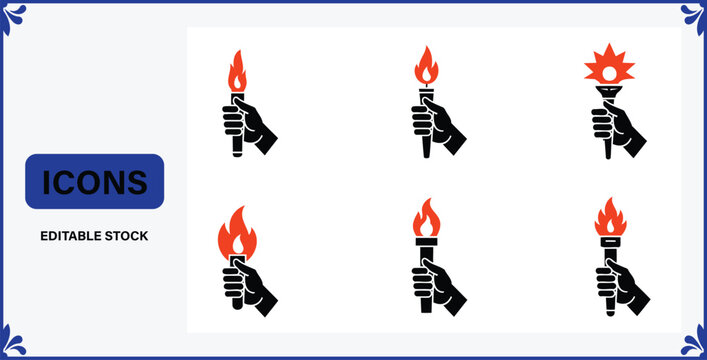 Collection of six diverse handheld torch icons with flames representing illumination and achievement for graphic design purposes