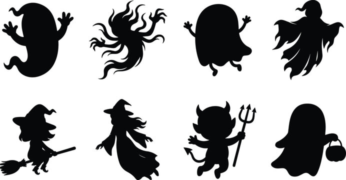 Black silhouettes of Halloween characters white background ghosts