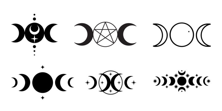 Triple goddess moon phases and wiccan pentagram vector symbol set. Mystical pagan, esoteric, astrology, and witchcraft sacred geometry icons isolated on white.