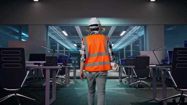 Back of Asian Male Engineer Holding Blueprint While Walking at Futuristic Quantum Computer Data Center Control Room
