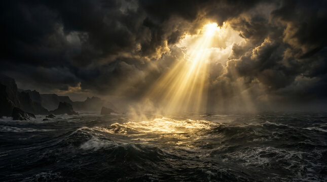 The Creation of Light. The spirit of God hovering over the dark waters as the first light breaks. Biblical scene from Genesis 1