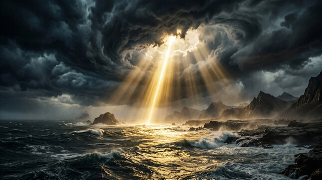 The Creation of Light. The spirit of God hovering over the dark waters as the first light breaks. Biblical scene from Genesis 1