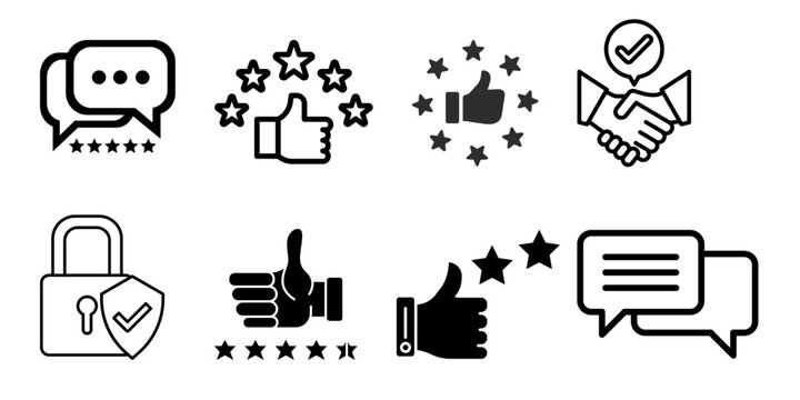 Thumbs up customer review and five-star feedback vector icon set. Hand gestures with achievement stars for high quality service ratings, approval, and testimonials.