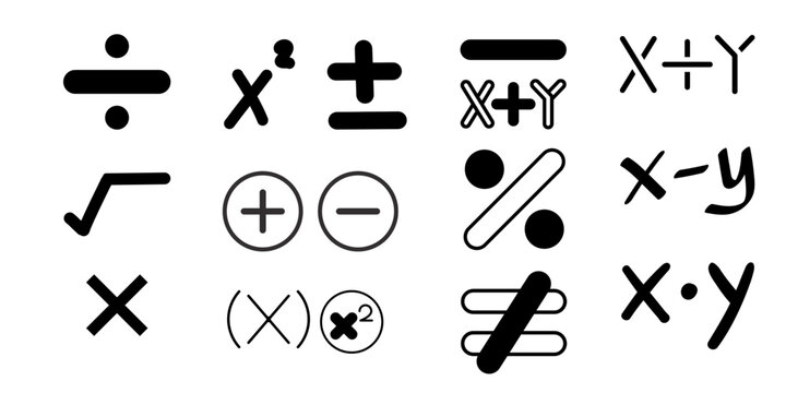 Mathematics, algebra, and basic arithmetic operator vector icon set. Bold black signs for equations, variables, plus, minus, division, percentage, and formulas on white.
