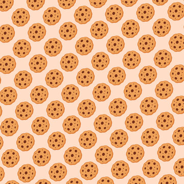 Seamless repeating pattern of round golden-brown cookies with chocolate chips on a light cream background.