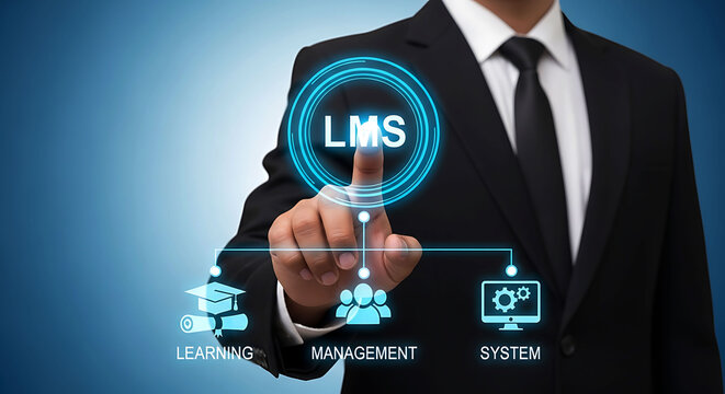 Businessman holding smartphone with LMS learning management system icons concept
