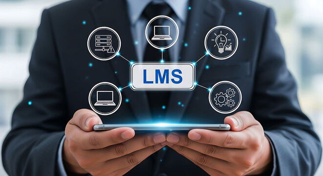Businessman holding smartphone with LMS learning management system icons concept