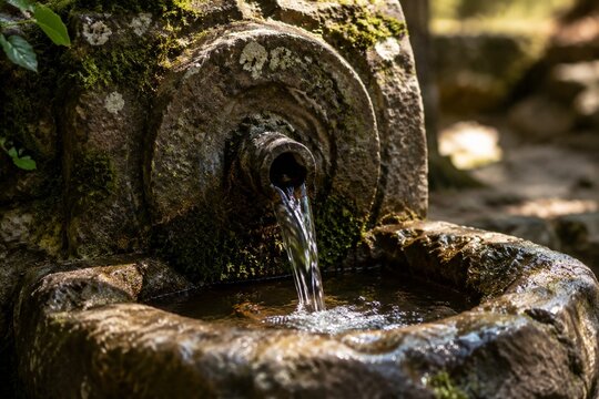 artesian. Close-up of an ancient mossy stone wellhead with water flowing into a basin. real-estate listings.