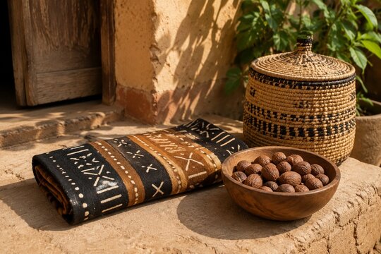 Mud cloth fabric with shea nuts and woven basket, West African craft and natural decor.