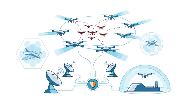 Autonomous drone swarm communication network with radar tracking system.