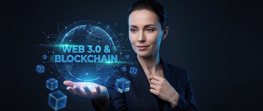 Female professional presenting a digital interface showcasing web 3.0 and blockchain technology symbolizing innovation and the future of digital interactions.