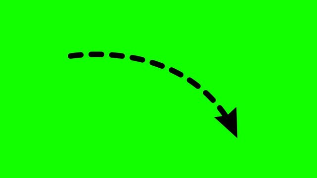 Curved dotted line arrow animation to the right, Doodle curved arrow animation on green screen 