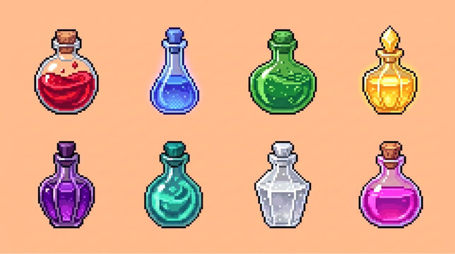 Pixel art magic potions RPG item set with colorful glass bottles containing elixir mana health and poison