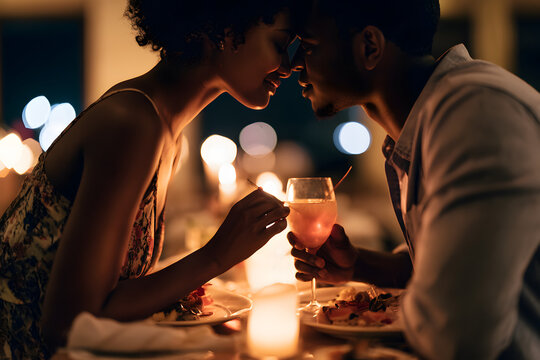 A young couple is relishing an intimate time during a romantic dinner at a restaurant
