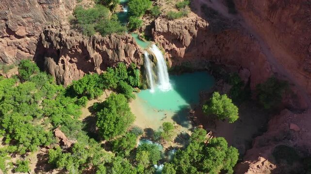 Stunning Aerial View of Havasu Falls Waterfall in Grand Canyon, Arizona 4K