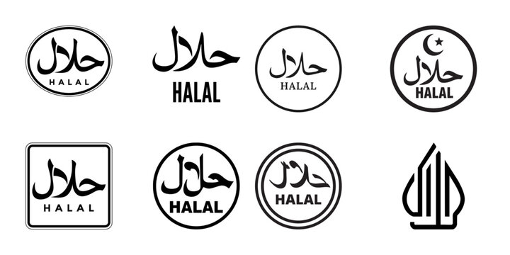 Halal certified vector logo icon set. Islamic food stamp certificate signs in Arabic and English text isolated on white background for product packaging.