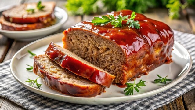 Deliciously glazed meatloaf served on a white plate against a cl