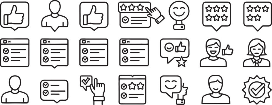 Chat Icons with Thumbs, Smiles, Stars, and Rating Symbols for Customer Feedback and Satisfaction Vector Set