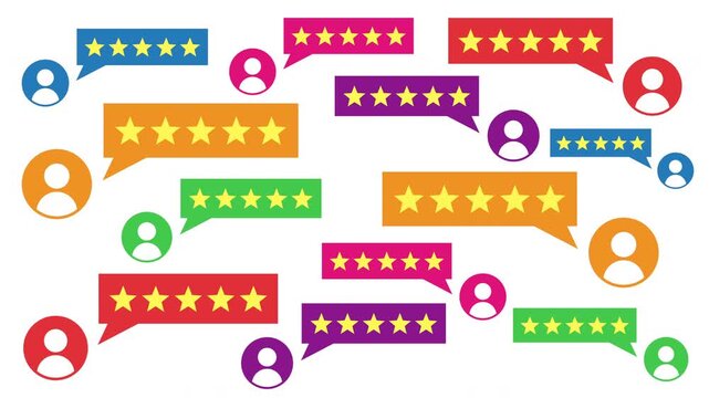 Animated colorful five star customer review ratings and user profile icons inside speech bubbles popping up on a white background for feedback concept