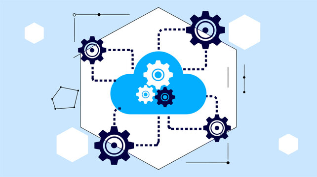 Cloud Computing Network Connection with Interconnected Gears and Hexagons 