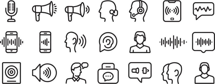 Communication Audio Icons Set with Microphones, Headsets, Megaphones, Phones, and Chat Bubbles in Vector Style