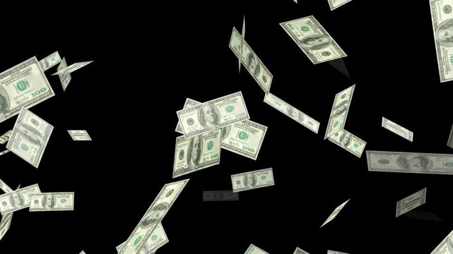 Falling Dollar money in Slow motion 4K Loopable, Money falling dollar banknotes on a transparent background.
Dollars slowly falling on a black background. Rain of banknotes. 