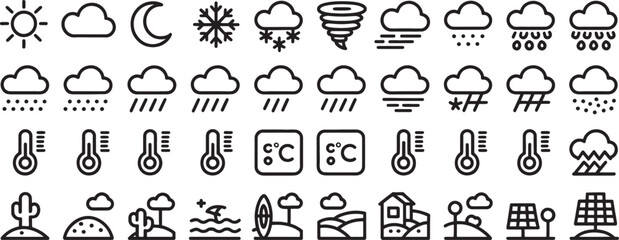 Fototapeta premium Weather Icons Set with Sun Moon Cloud Rain Snow Wind Tornado Temperature and Air Pressure Indicators