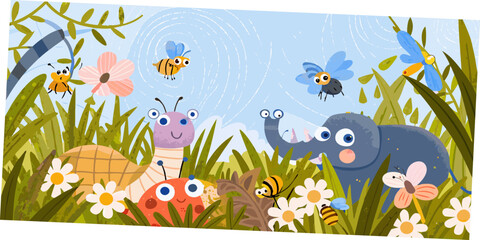 Cartoon garden scene with insects flowers and a snail © Raju