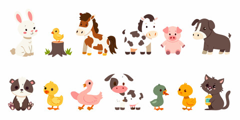 Fototapeta premium Farm animals vector illustration with flat colors and white background