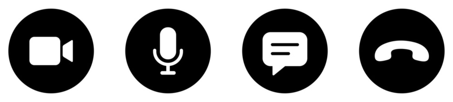 Communication icon set with video call, microphone, chat message and phone symbols in solid circle style. Contact and calling icons for messaging apps, customer support platforms, web interfaces.