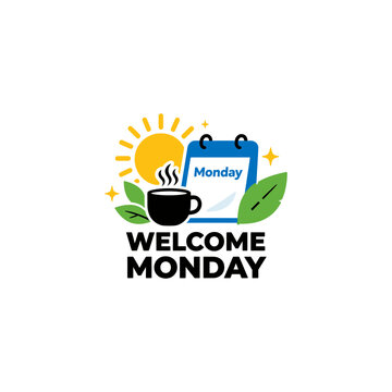 Welcome Monday concept with coffee cup and calendar icon.