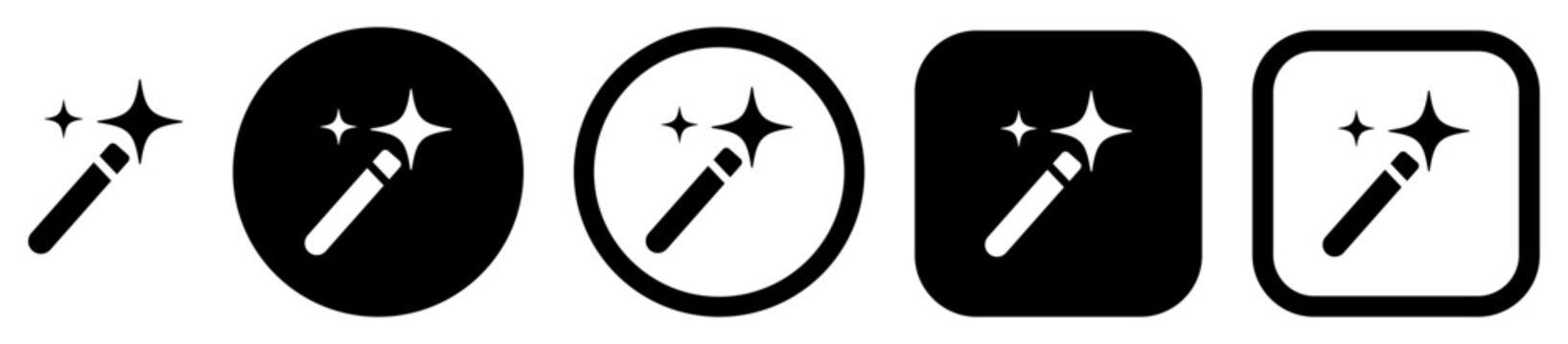 Magic wand icon set with AI enhance and sparkle symbols in solid circle, square and outline styles. Creative editing icons for image enhancement, web interfaces, mobile devices and design software.