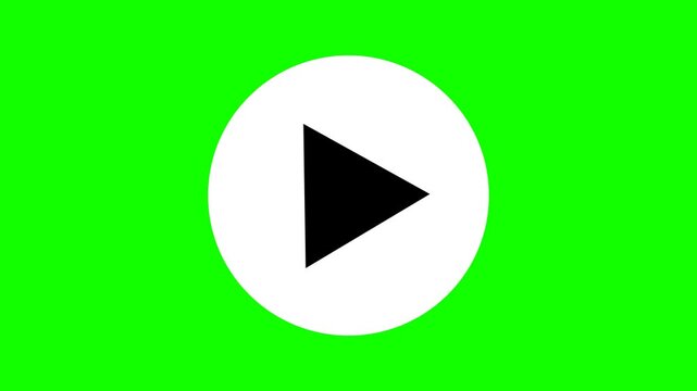 White circular play button animation, black triangle media icon on chroma key green screen