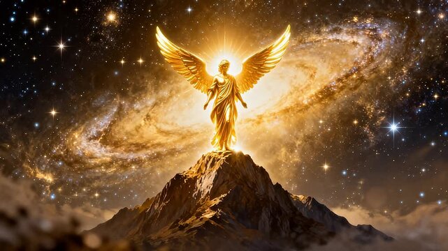 Golden angel statue on mountain peak