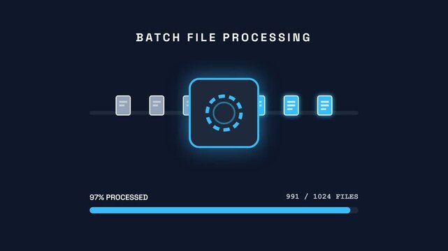 Batch file processing animation, showing progress from 3% to 100%, seamless loop, symbolizing data processing, technology, and efficiency