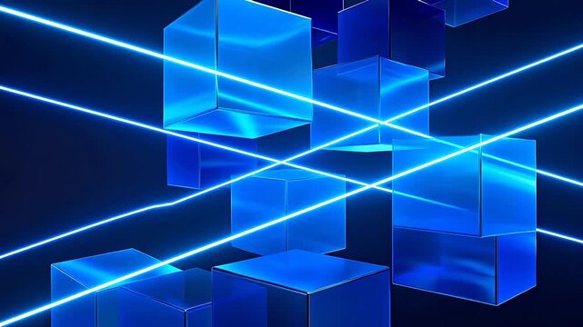 Blue cubes and light beams in space