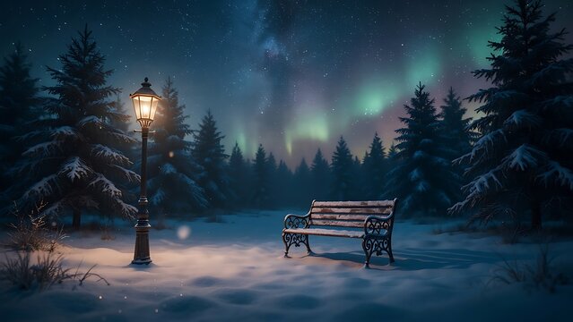 Snowy forest scene with bench and street lamp under starry night sky with aurora