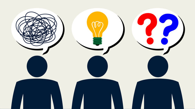 Three figures with thought bubbles showing confusion idea lightbulb and question marks 