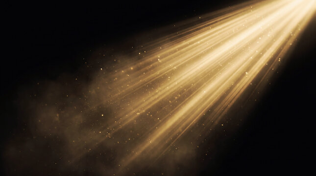 Bright golden directional spotlight with intense glowing light rays and radiant beam streaks extending diagonally across a pure black background.