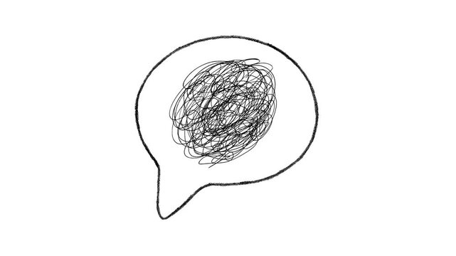Hand-drawn speech bubble confusion animation, sketchy tangle scribble on white background, anxiety icon