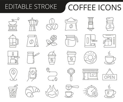 Coffee caf&eacute; and barista line icons set editable stroke