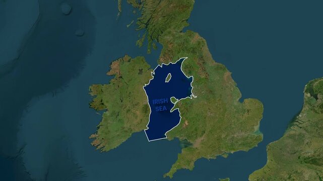 Irish Sea overlaid on a map of the United Kingdom and Ireland footage