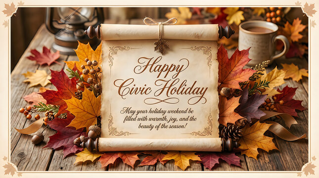 Happy civic holiday greeting card with autumn leaves