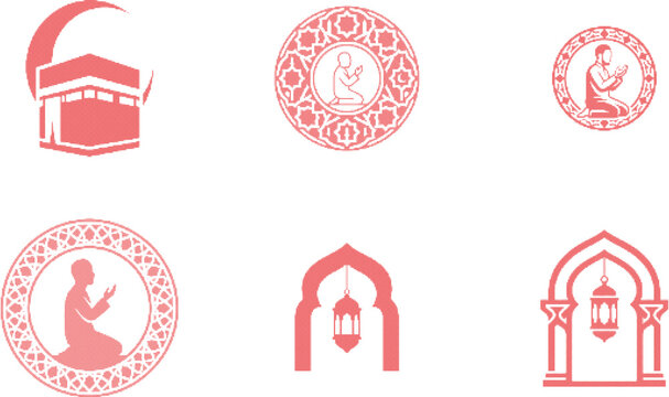 Islamic icons of kaaba and prayer silhouettes for ramadan design and decorations.