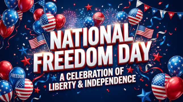 National freedom day celebration with usa flags and balloons