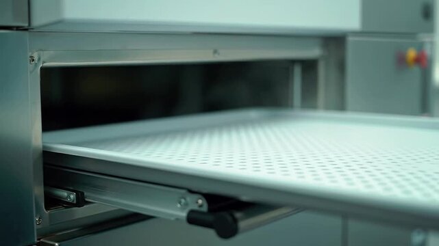 Close-Up View Of A Clean Perforated Tray Sliding Out From A Sterilization Unit In A Medical Setting