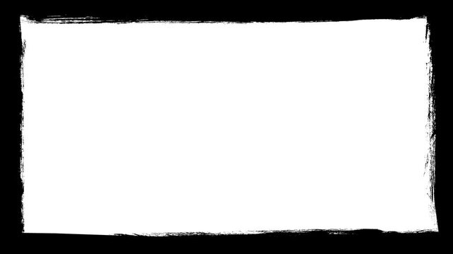 White brush stroke rectangle frame animation, grunge textured banner on black background, copy space