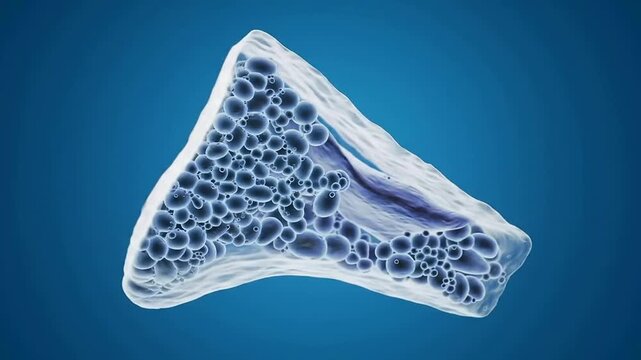 Detailed 4K Visualization of Bone Tissue Mineralization Highlighting Hydroxyapatite Structure Against a Blue Background