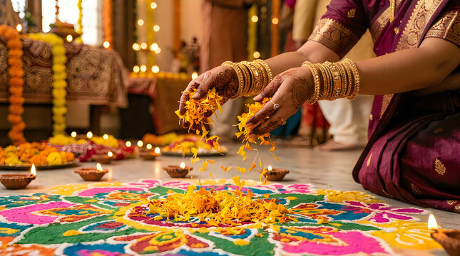 Indian woman decorating rangoli with flowers for diwali