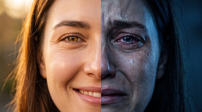 Split face portrait showing happiness and sadness emotional contrast mental health concept
